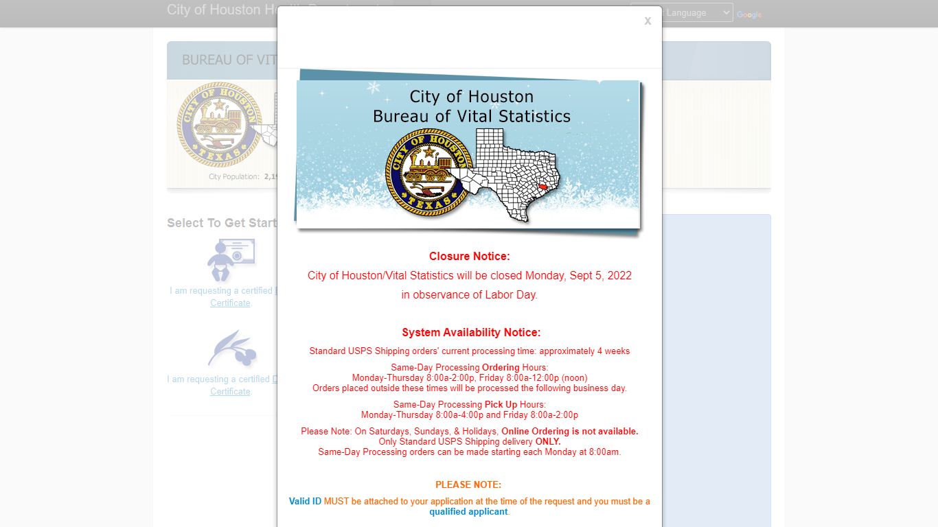 City of Houston Health Department Online Birth Certificate Requests